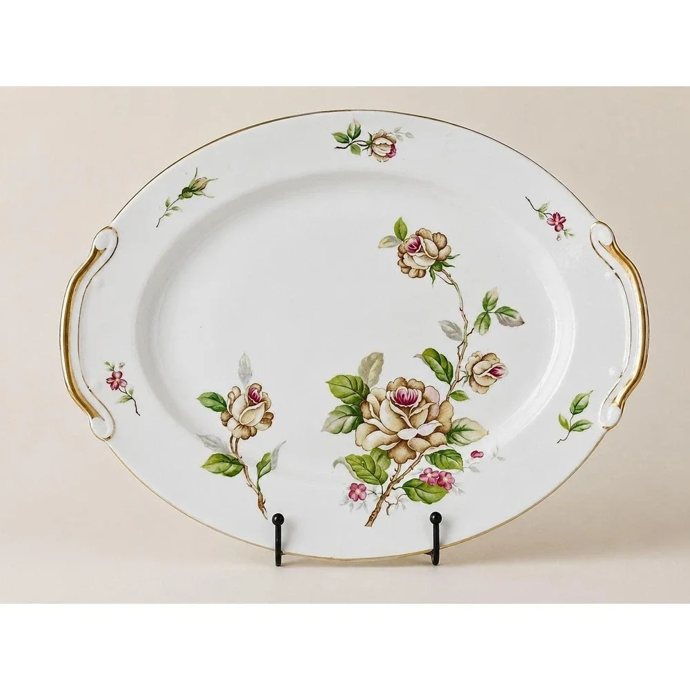 Vtg China Platter Gold Trim Oval Cottage core Grannycore Lynmore Golden Rose MCM